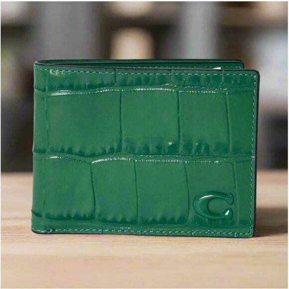 Coach Slim Billfold Wallet CW444 Mens Green Croc Embossed Leather Bifold - Picture 1 of 6